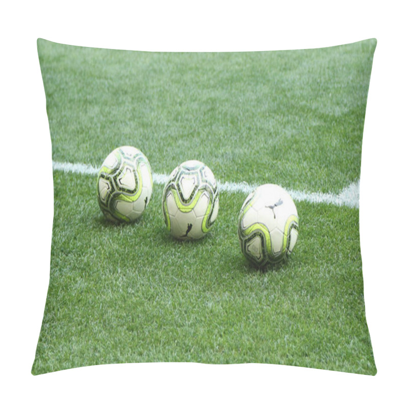 Personality  HARRISON, NJ - JULY 28, 2018: Puma Match Ball At The Red Bull Stadium Before The 2018 International Champions Cup Cup Game Between Juventus Vs Benfica  Pillow Covers