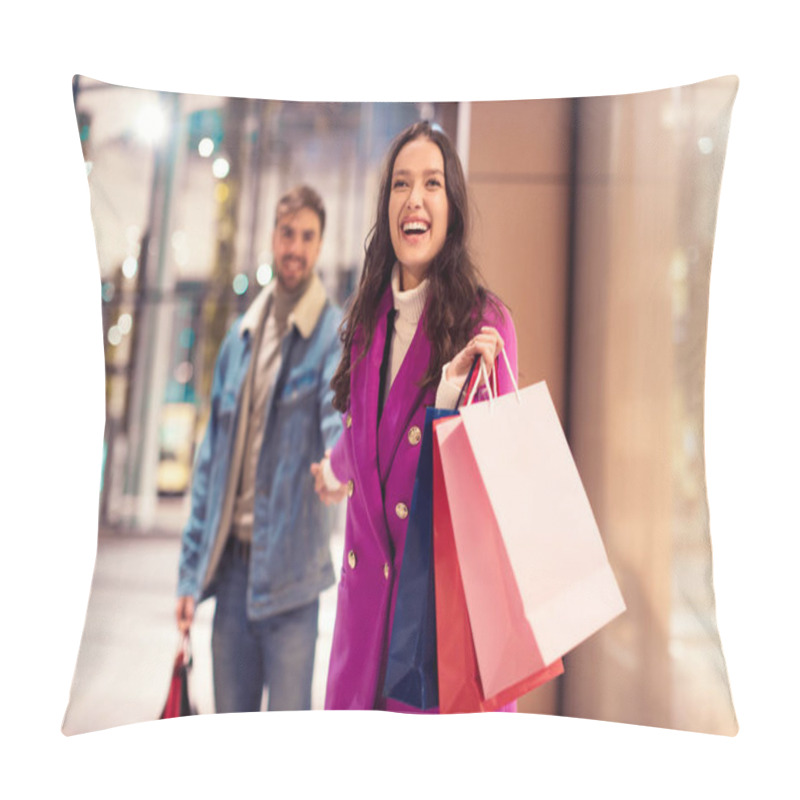 Personality  Joyful Spouses Walking Near Modern Mall Outdoor, Holding Hands And Laughing With Shopping Bags, Enjoying Winter Evening Of Holiday Shopping, Epitome Of New Year Festive Consumerism In The City Pillow Covers