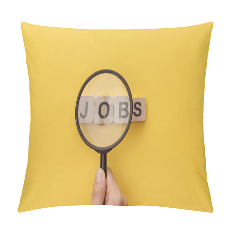 Personality  Cropped View Of Woman Holding Magnifying Glass Under Cardboard Squares With Jobs Lettering On Yellow Background Pillow Covers