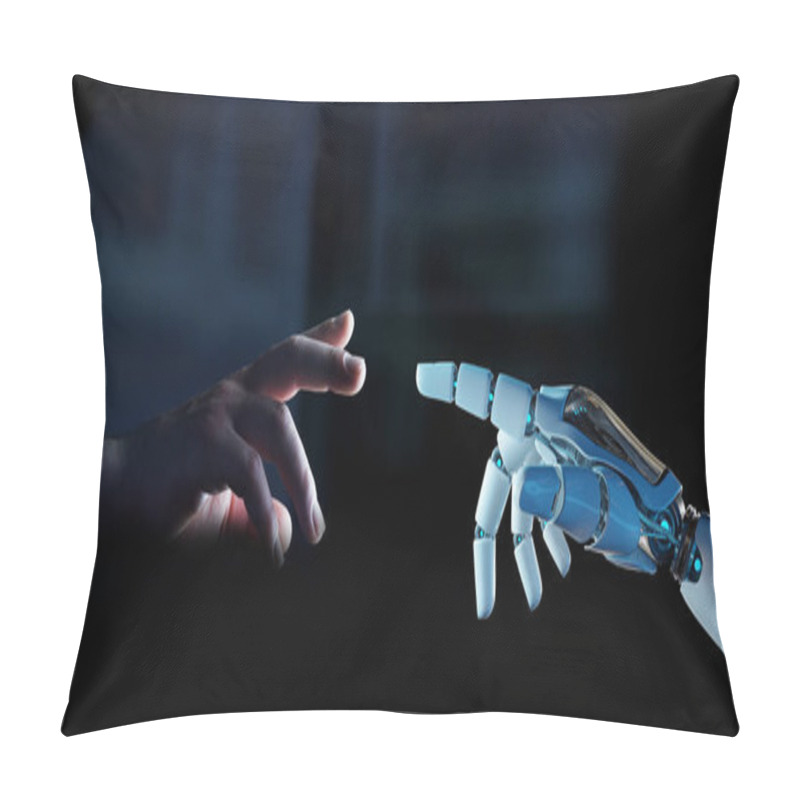 Personality  White Cyborg Finger About To Touch Human Finger On Dark Background 3D Rendering Pillow Covers