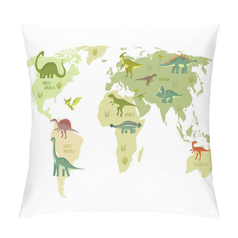 Personality  Print. World Map With Dinosaurs. Dino World Map. Cartoon Dinosaurs. Pillow Covers