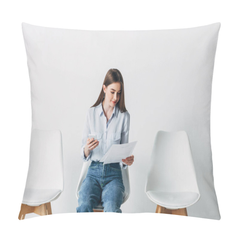 Personality  Beautiful Woman Using Smartphone And Holding Resume On Chair In Office  Pillow Covers