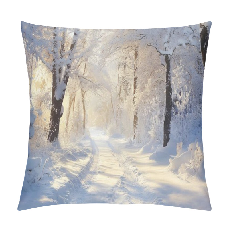 Personality  Serene Winter Landscape Featuring A Snowy Path Through Frosted Trees. Pillow Covers