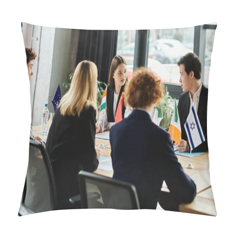 Personality  Teenagers Participate In A Model UN Conference, Simulating Diplomatic Discussions. Pillow Covers