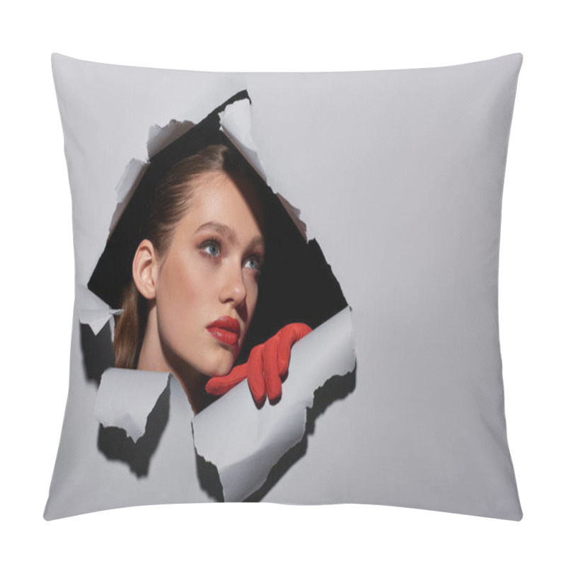 Personality  Pretty Young Woman With Blue Eyes And Red Lipstick Peeking Through Hole In Ripped Grey Paper Pillow Covers