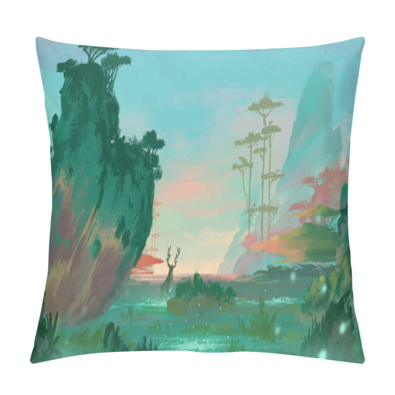 Personality  Chinese Style Mountains Waters Painting. SpitPaint. Concept Art. Fast Drawings. Sketch Paint. Realistic Style. Video Game Digital CG Artwork, Concept Illustration, Realistic Cartoon Style Scene Design Pillow Covers