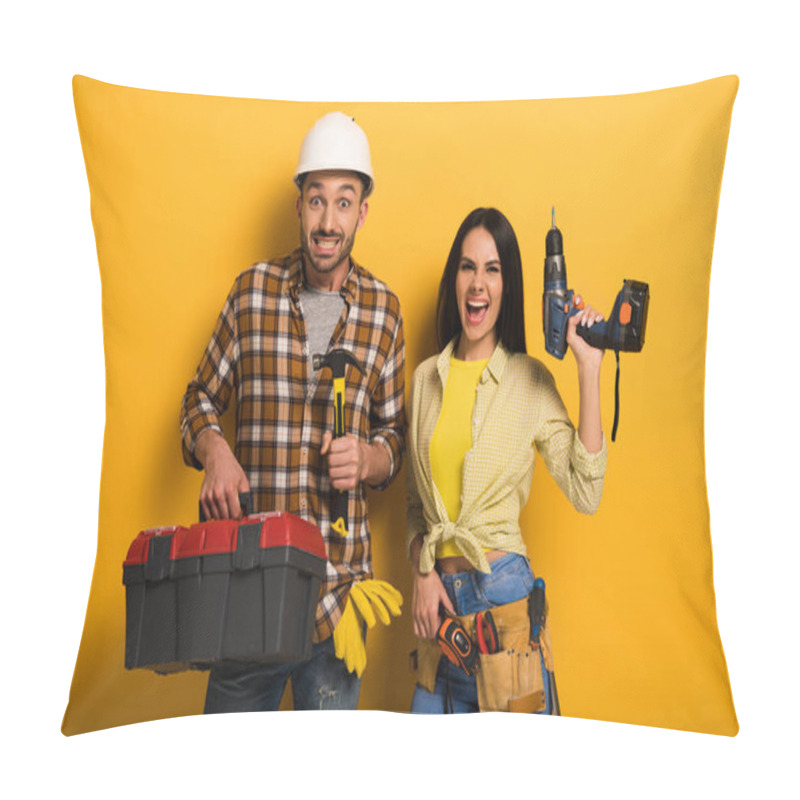 Personality  Excited Manual Workers Holding Toolbox And Electric Drill On Yellow    Pillow Covers