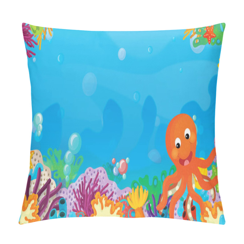 Personality  Cartoon Scene With Coral Reef With Happy And Cute Fish Swimming With Frame Space Text Octopus - Illustration For Children Pillow Covers