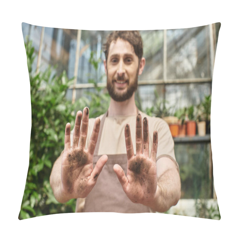 Personality  Happy Bearded Gardener In Apron Showing His Dirty Hands After Working With Plants And Soil Pillow Covers