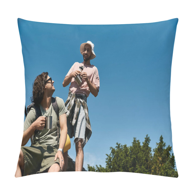 Personality  Two Young Men, A Gay Couple, Are Hiking In The Wilderness On A Sunny Day. They Are Enjoying The Outdoors And Each Others Company. Pillow Covers