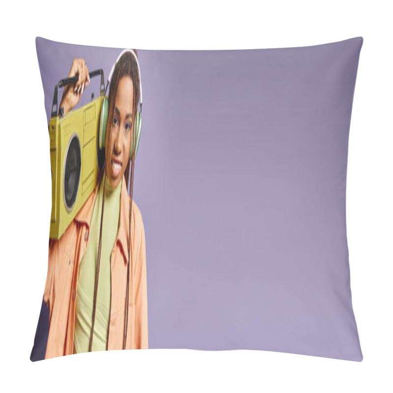 Personality  Happy African American Woman In Wireless Headphones Standing With Retro Boombox On Purple, Banner Pillow Covers