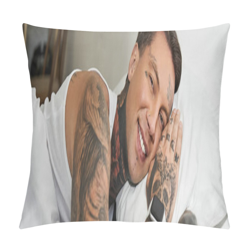 Personality  The Young Man Enjoys A Moment Of Relaxation, Showcasing His Tattoos And Joyful Expression. Pillow Covers