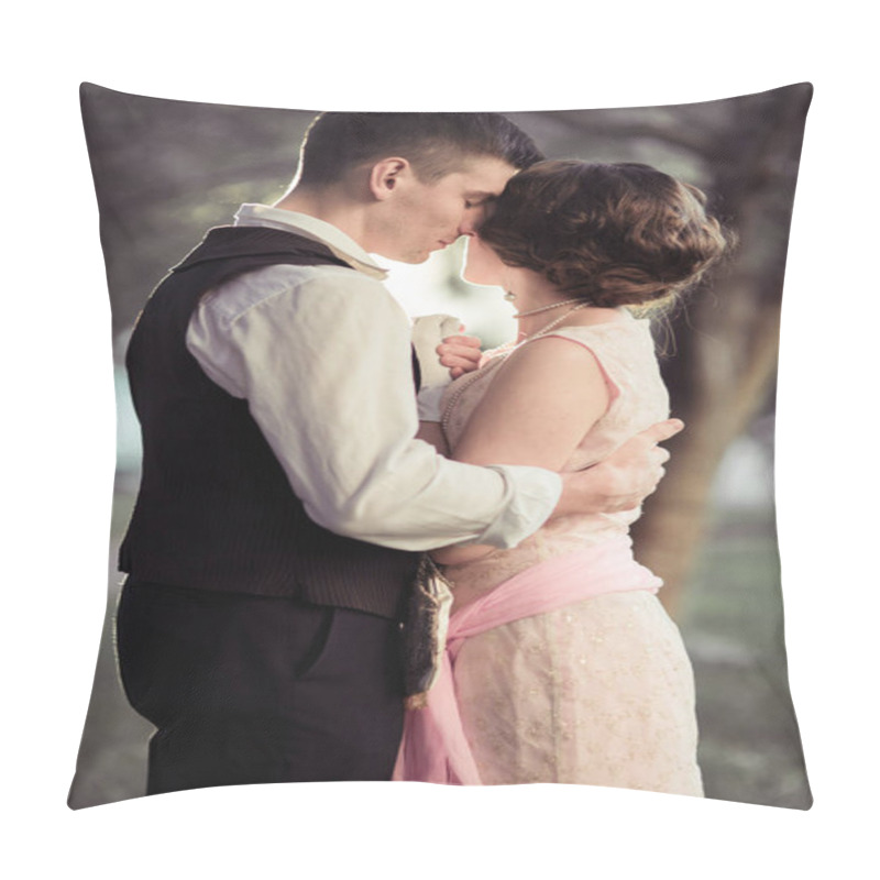 Personality  A Young Couple Stands Against A Background Of Large Trees. A Man With Closed Eyes Embraces A Woman. Historical Reconstruction Pillow Covers