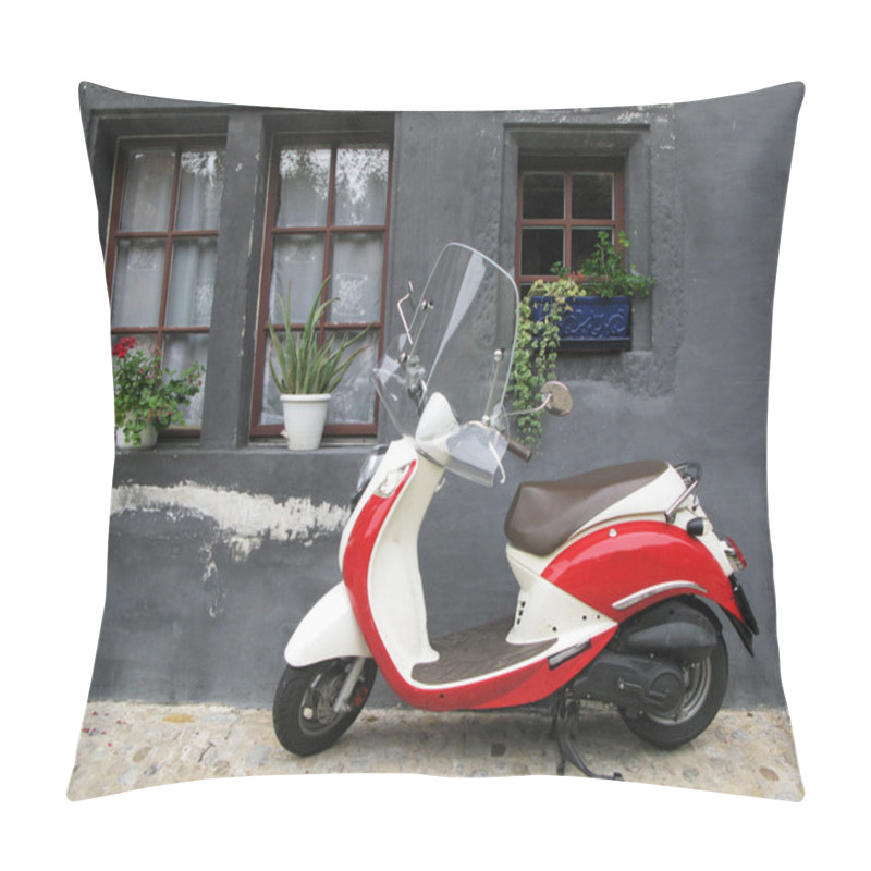 Personality  Trendy Moped Against Old House. Fribourg, Switzerland Pillow Covers