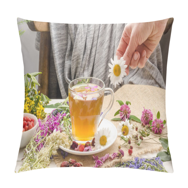 Personality  A Woman Brews Herbal Tea With Chamomile. Tea Ceremony. Blooming Sally. Pillow Covers