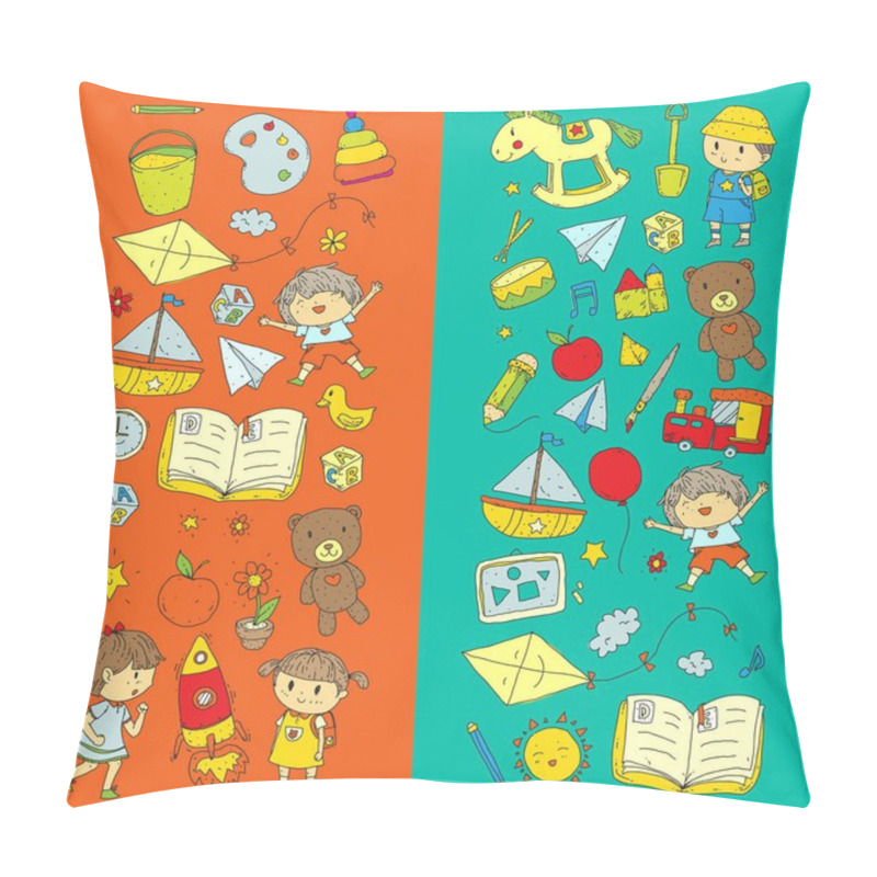 Personality  Kindergarten Nursery Preschool School Education With Children Doodle Pattern Kids Play And Study Boys And Girls Kids Drawing Icons Space, Adventure, Exploration, Imagination Concept Pillow Covers