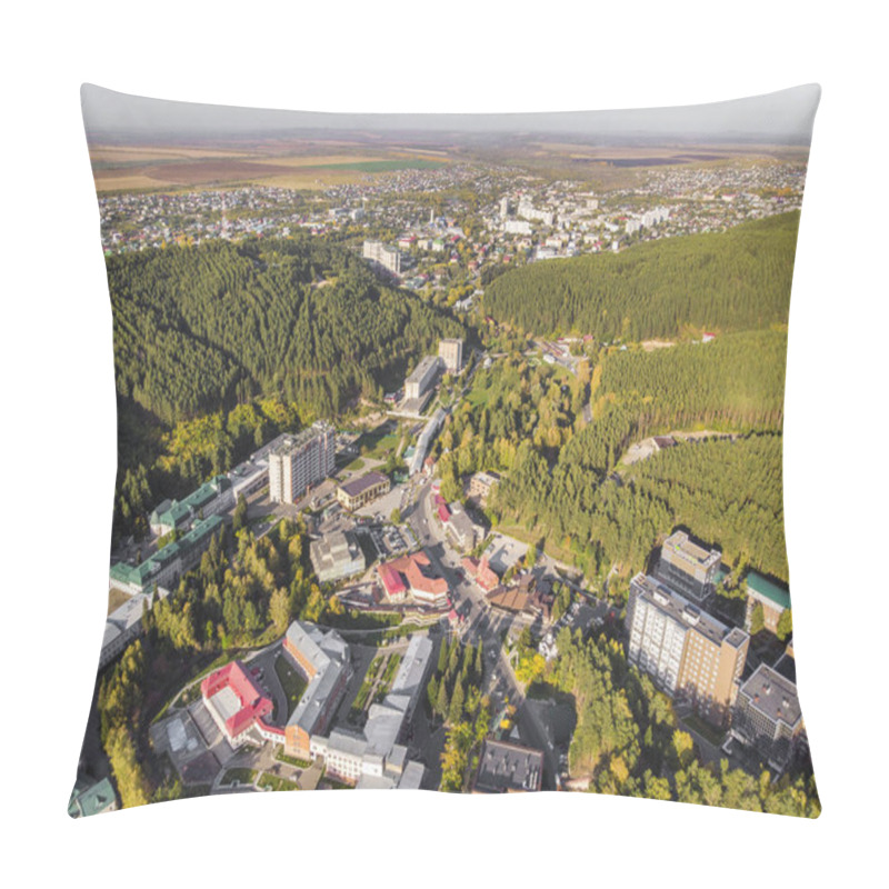 Personality  Aerial View Of A Small Town In The Altai Territory. Top View Of The Resort Town Belokurikha. Bird's-eye View Of The Houses Among The Forests On The Slopes Of The Mountains. Pillow Covers