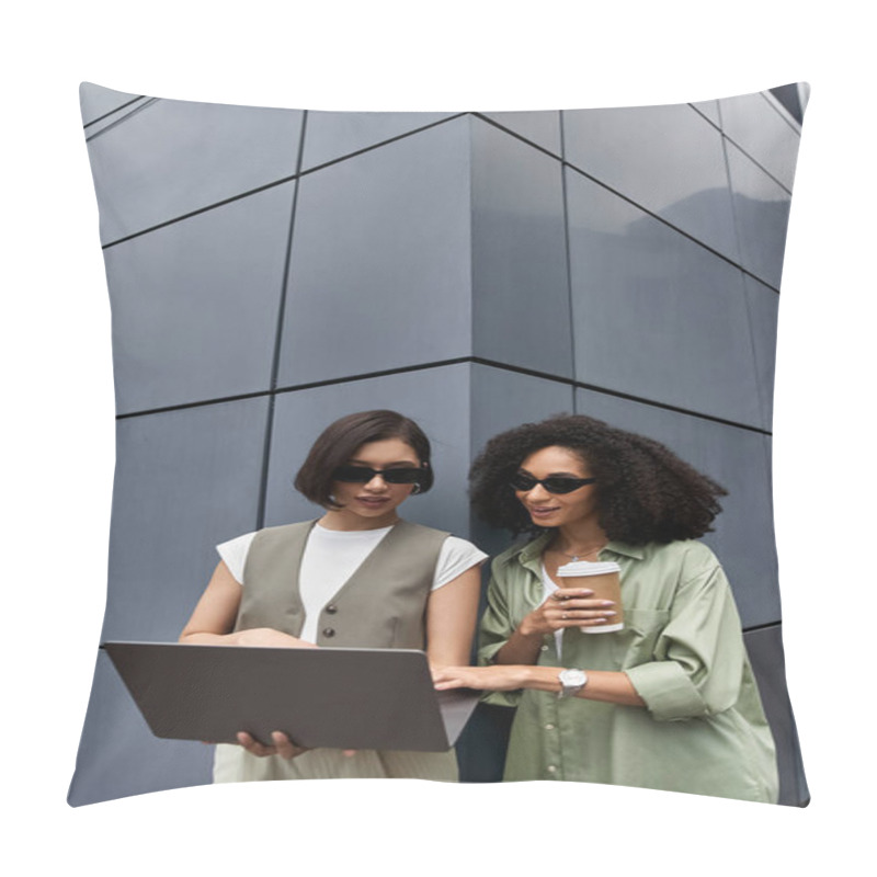 Personality  Two Women In Stylish Outfits, Look At A Laptop Outside A Building. Pillow Covers