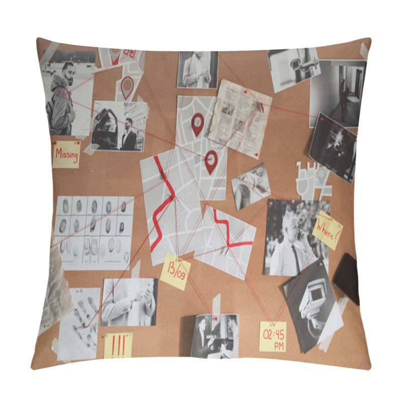 Personality  Detective Board With Crime Scene Photos And Red Threads, Closeup Pillow Covers