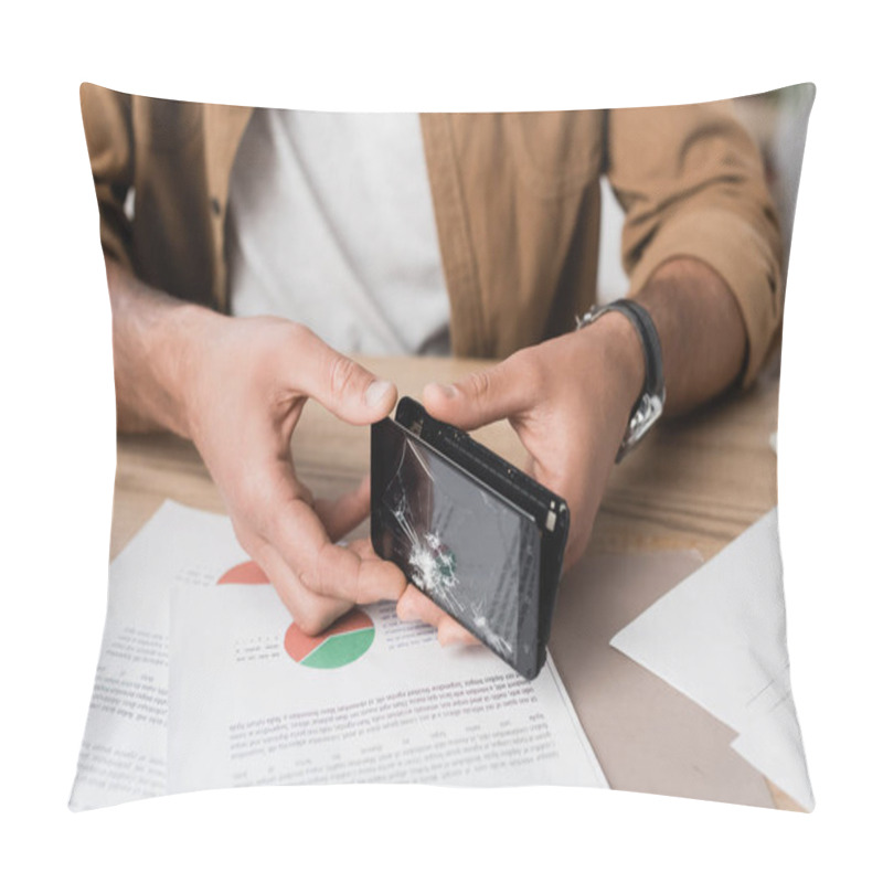 Personality  Cropped View Of Businessman Disassemble Smartphone While Sitting At Workplace With Paper Sheets On Blurred Background Pillow Covers