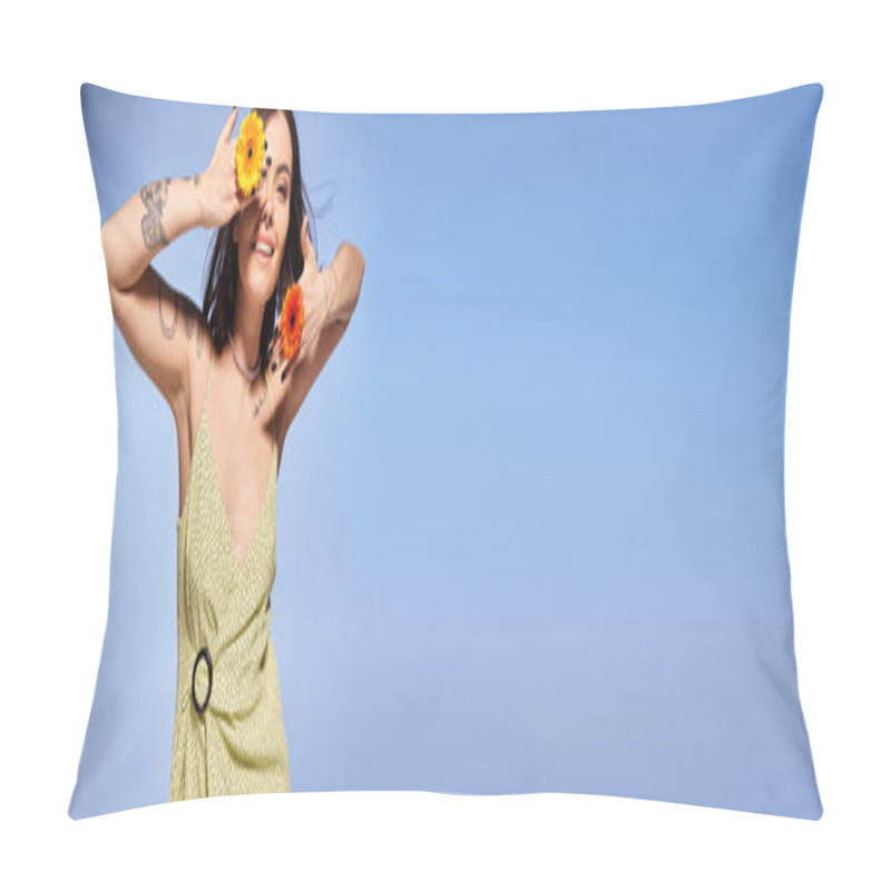 Personality  Brunette Woman Exudes Grace With A Single Flower Delicately Placed In Her Hair In A Studio Setting. Pillow Covers