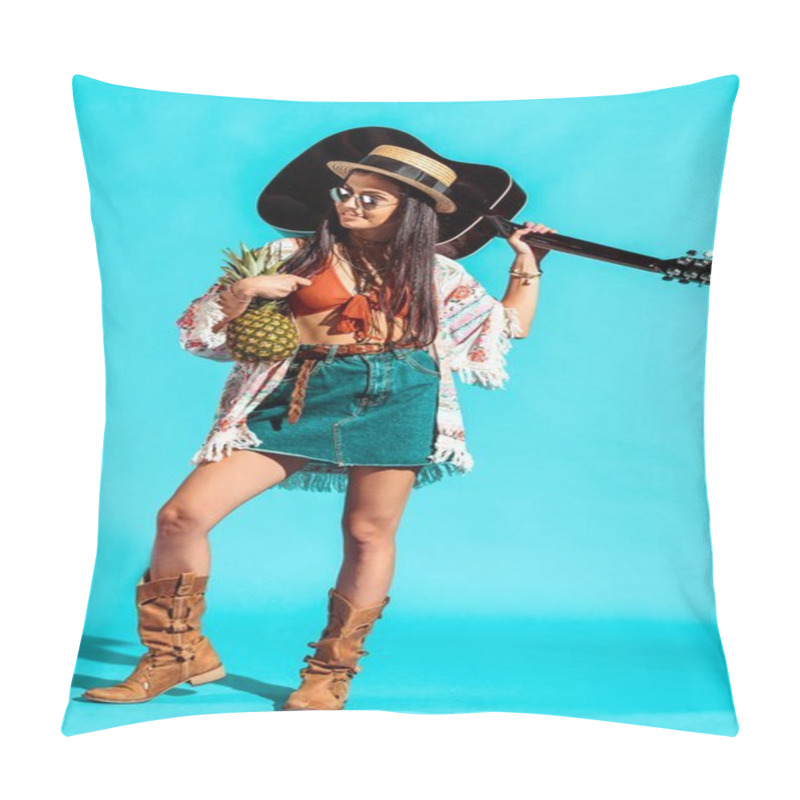 Personality  Woman Standing With Pineapple And Guitar  Pillow Covers