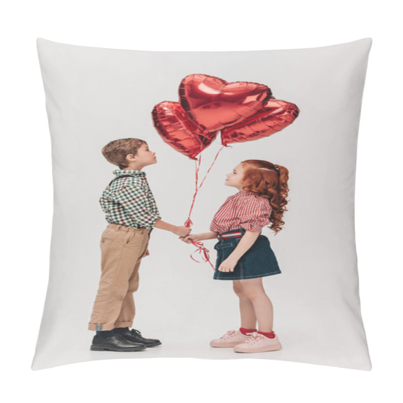 Personality  Side View Of Beautiful Little Couple Holding Heart Shaped Balloons Isolated On Grey  Pillow Covers