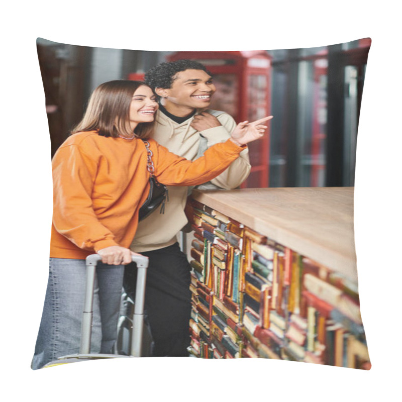 Personality  Happy Diverse Couple With Luggage Laughing, Woman Pointing With Finger At Hostel Reception Desk Pillow Covers