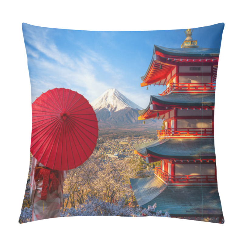 Personality  Red Chureito Pagoda With Cherry Blossom And Fujiyama Mountain On The Day And Morning Sunrise Time In Tokyo City, Japan Pillow Covers