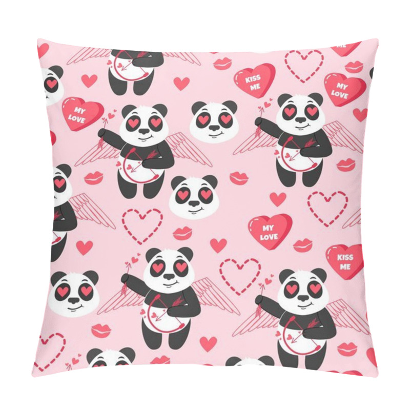 Personality  Panda Cupid. Vector Background With Chinese Animals, Hearts And Kisses. Holiday Seamless Pattern. Happy Valentine's Day.  Pillow Covers