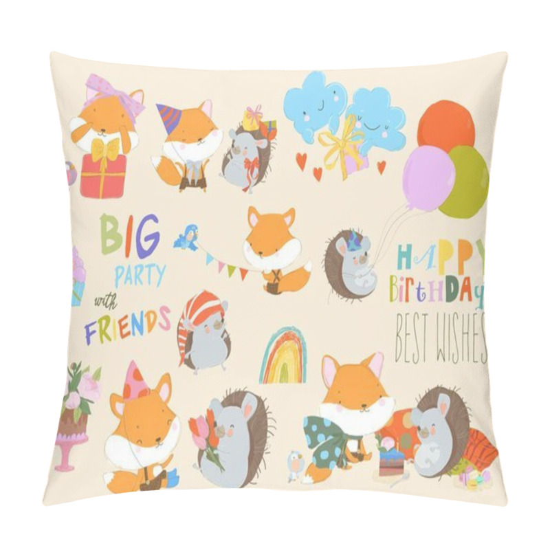 Personality  Cartoon Vector Birthday Set With Cute Animals, Sweets And Gifts Pillow Covers