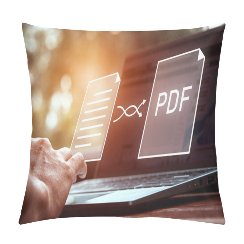 Personality  Convert PDF Files With Online Programs. Users Convert Document Files On A Platform Using An Internet Connection At Desks. Concept Of Technology Transforms Documents Into Portable Document Formats. Pillow Covers