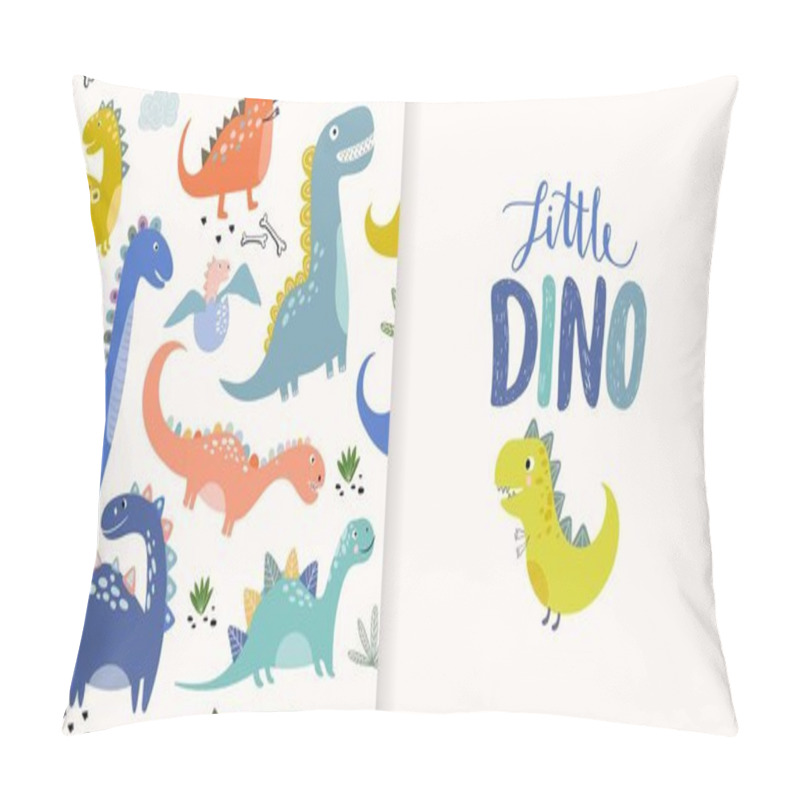 Personality  Little Dino Set With Seamless Pattern And Greeting Card Or Invitation; Different Types Of Cute Dinosaurs, Background Useful For Wallpaper, Nursery, Textile, Wrapping Paper Pillow Covers