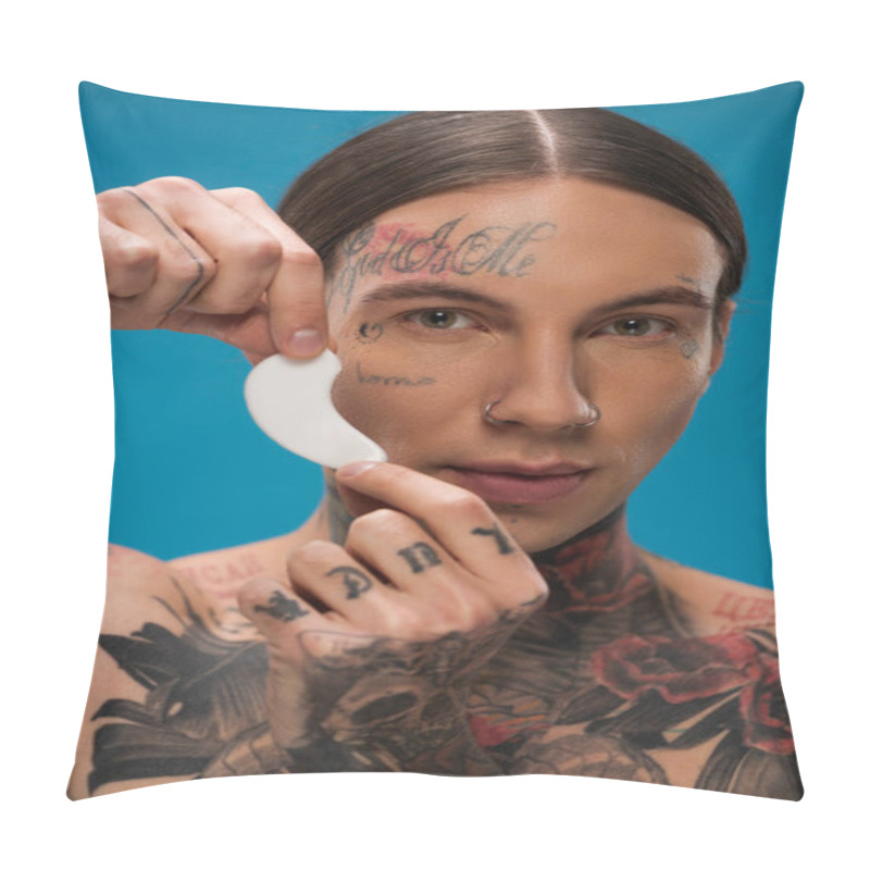 Personality  Tattooed Young Man Holding Eye Patch And Looking At Camera Isolated On Blue Pillow Covers