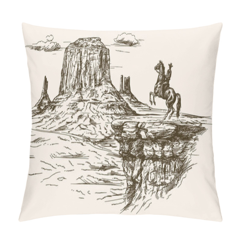 Personality  American Wild West Desert With Cowboy - Hand Drawn Illustration Pillow Covers