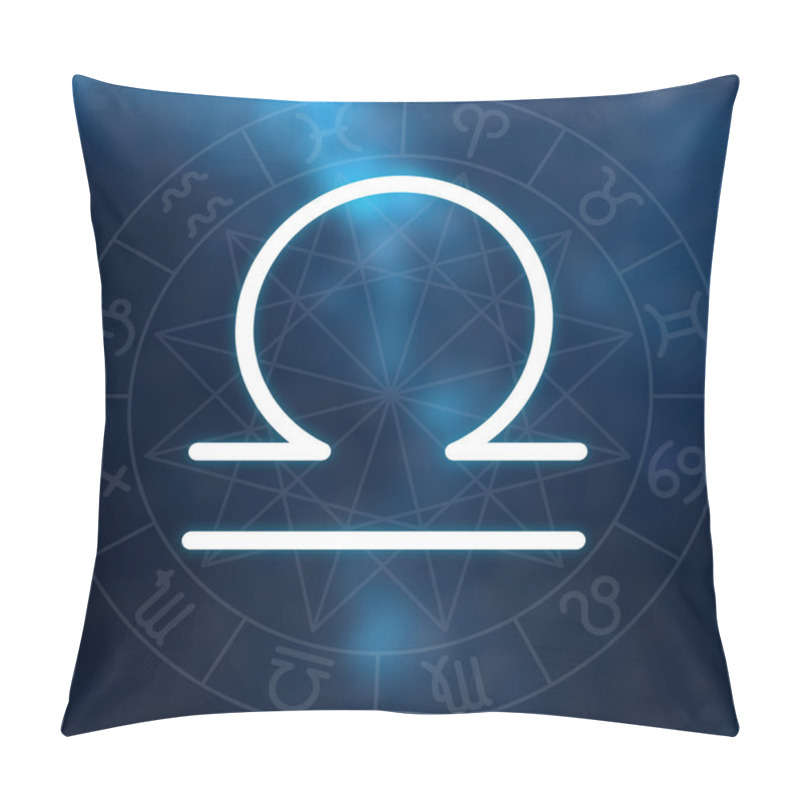 Personality  Zodiac Sign - Libra. White Thin Simple Line Astrological Symbol On Blurry Abstract Space Background With Astrology Chart. Pillow Covers