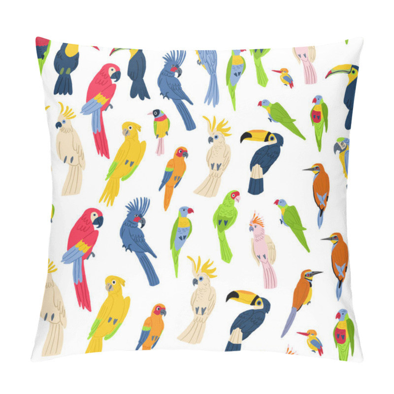 Personality  Colorful Exotic Birds Vector Seamless Pattern On White. Exotic Bird Pattern. Tropical Parrots Mega Collection. Vector Illustration Pillow Covers