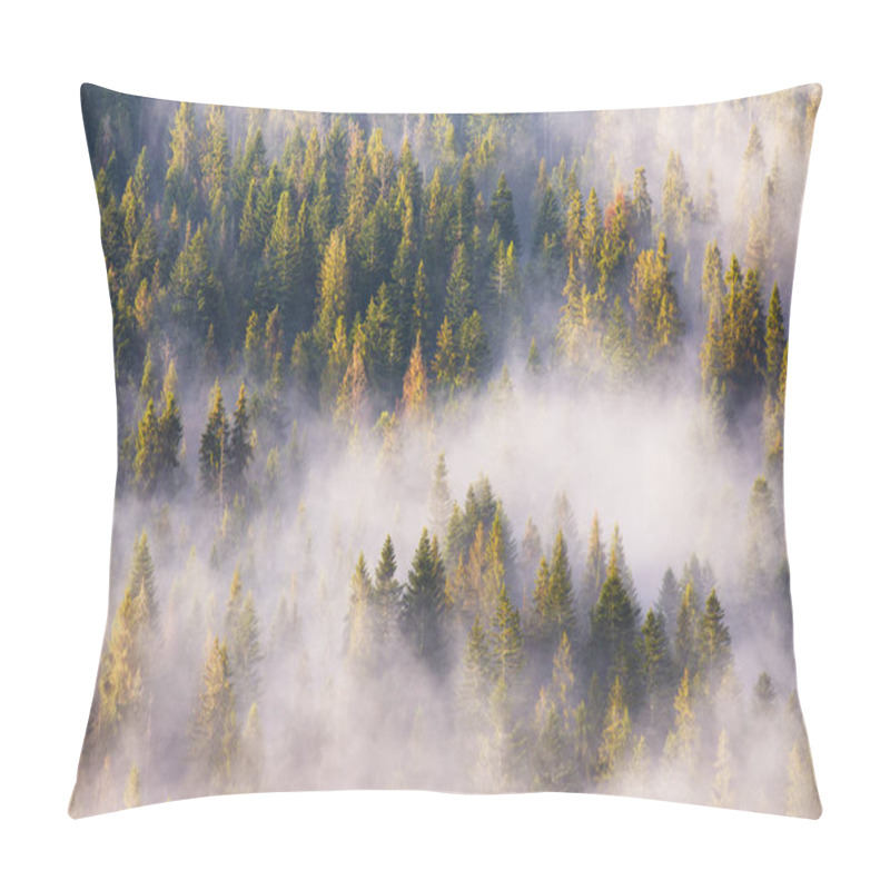 Personality  Morning Fog In Spruce And Fir Forest In Warm Sunlight Pillow Covers