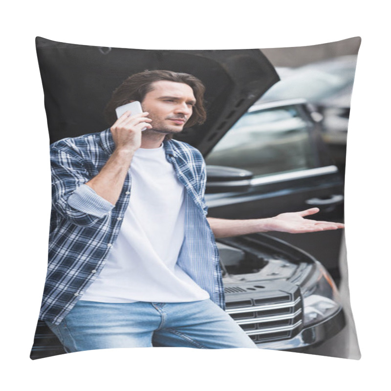 Personality  Upset Man In Casual Wear Talking On Smartphone While Standing Near Broken Auto With Open Trunk, Car Insurance Concept Pillow Covers