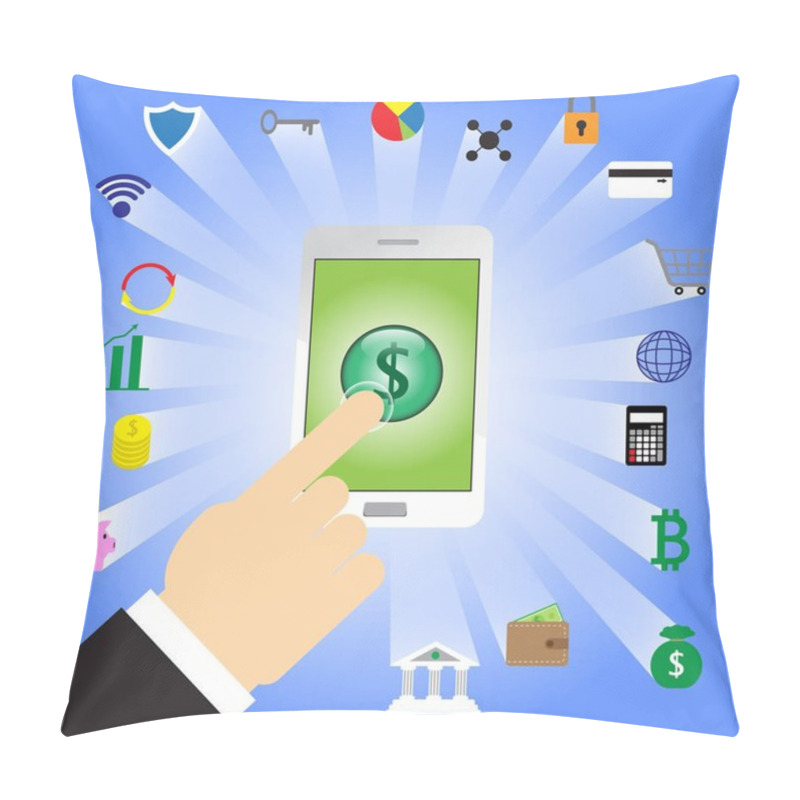 Personality  Finger Tapping Dollar Sign In Smartphone With Fintech Icons Pillow Covers