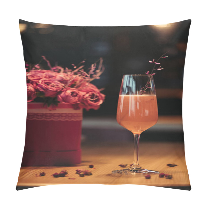 Personality  Selective Focus Of Pink Alcoholic Cocktail With Flowers On Dark Background Pillow Covers