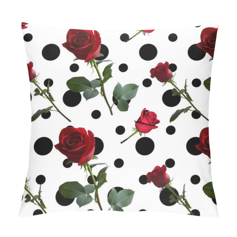 Personality  A Pattern With Red Roses With Green Leaves And A Long Stem On The Background Of A Black Circle Pillow Covers