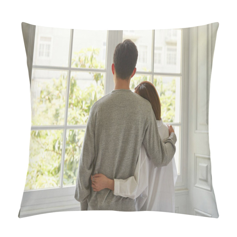 Personality  Rear View Of A Young Asian Couple Looking Out Of Window During Staying At Home Order Pillow Covers