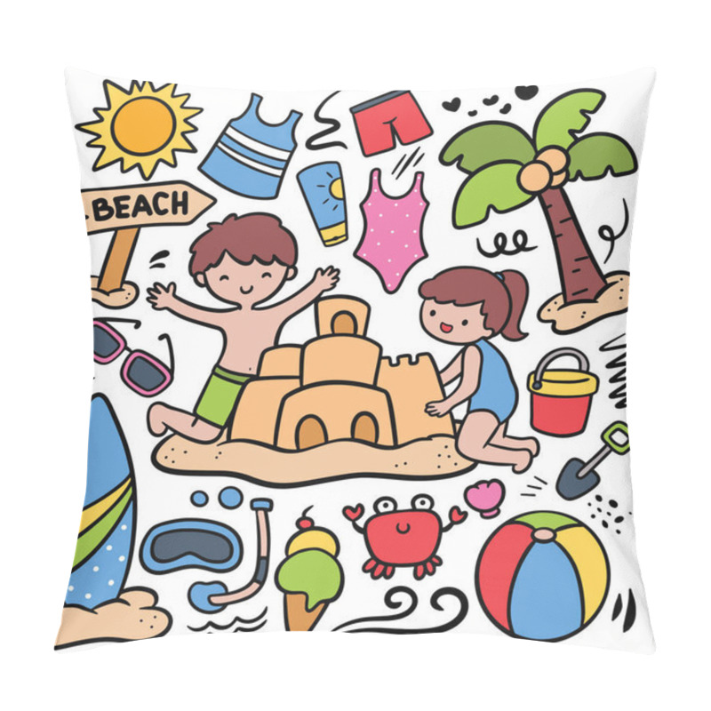 Personality  Cartoon Kids Building Sand Castle On The Beach, Summer Doodle Design Element Pillow Covers