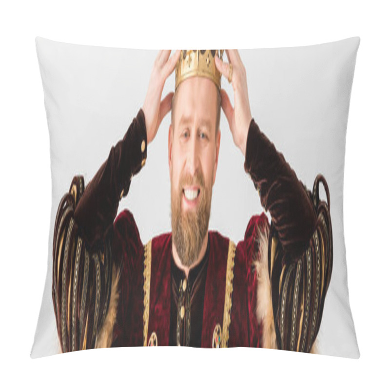 Personality  Panoramic Shot Of Smiling King Wearing Crown On Head Isolated On Grey Pillow Covers