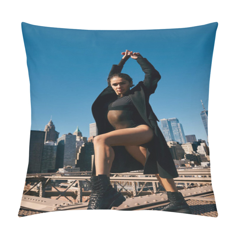 Personality  Young Woman Dances On NYC Bridge, Silhouetted Against Skyscrapers. Pillow Covers