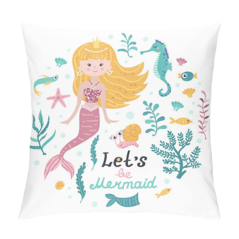 Personality  Poster With Mermaid, Sea Animals And Lettering Pillow Covers