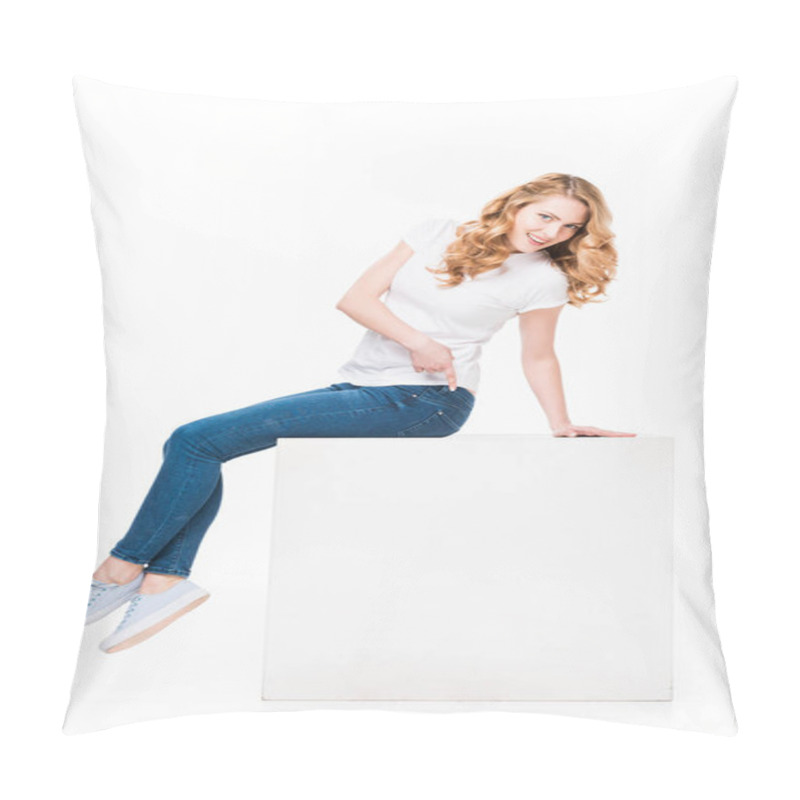 Personality  Woman Pointing At On Empty White Cube Isolated On White Pillow Covers