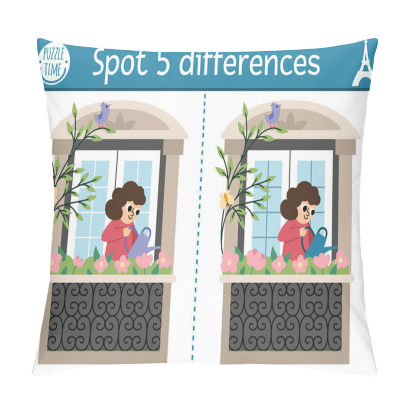 Personality  Find Differences Game For Children. Educational Activity With Cute Girl Watering Flowers On The Balcony. Puzzle For Kids With Funny French Character. Printable Worksheet Or Page With France Symbo Pillow Covers