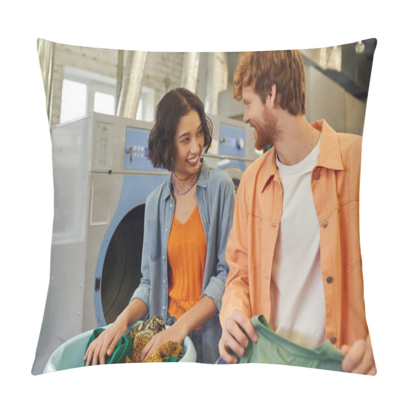 Personality  Joyful Young Asian Woman Talking To Boyfriend While Sorting Clothes In Public Laundry Pillow Covers